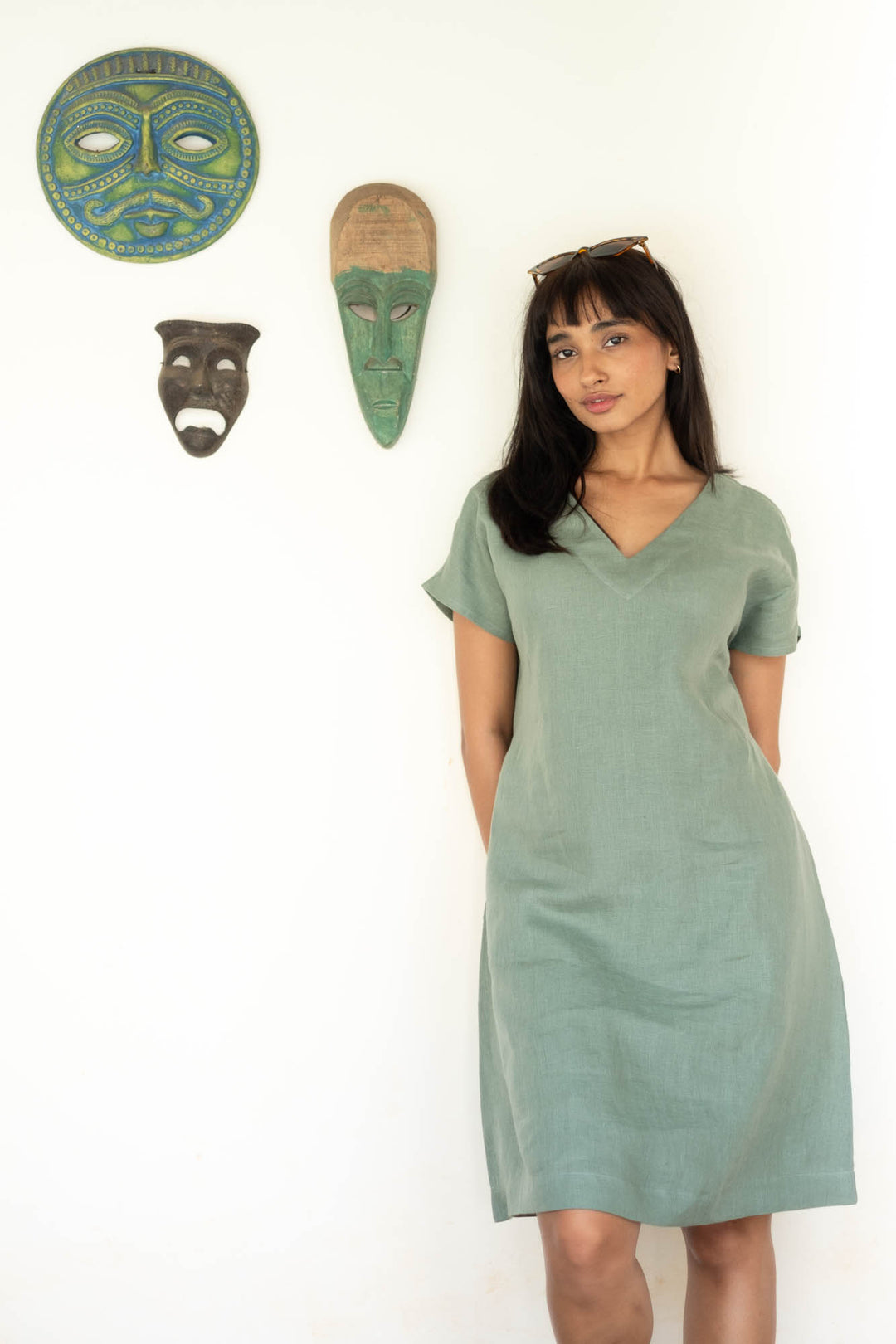 Women's Cotton Sweet Shift Tunic Short Dress half Sleeves V Neck Causal Mini Dress with Pockets