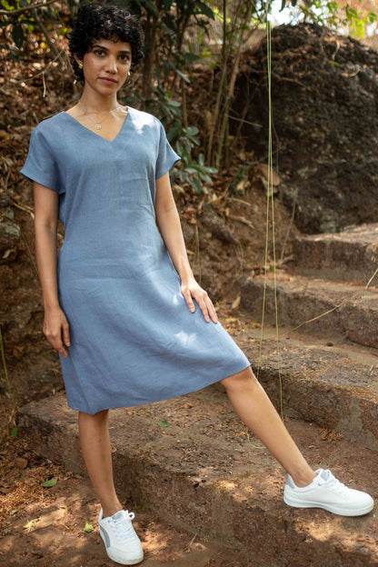 Women's Cotton Sweet Shift Tunic Short Dress half Sleeves V Neck Causal Mini Dress with Pockets